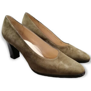 Bruno Magli Suede Italian Vero Cuoio Olive Green Wooden Block Heel Pumps Size 9